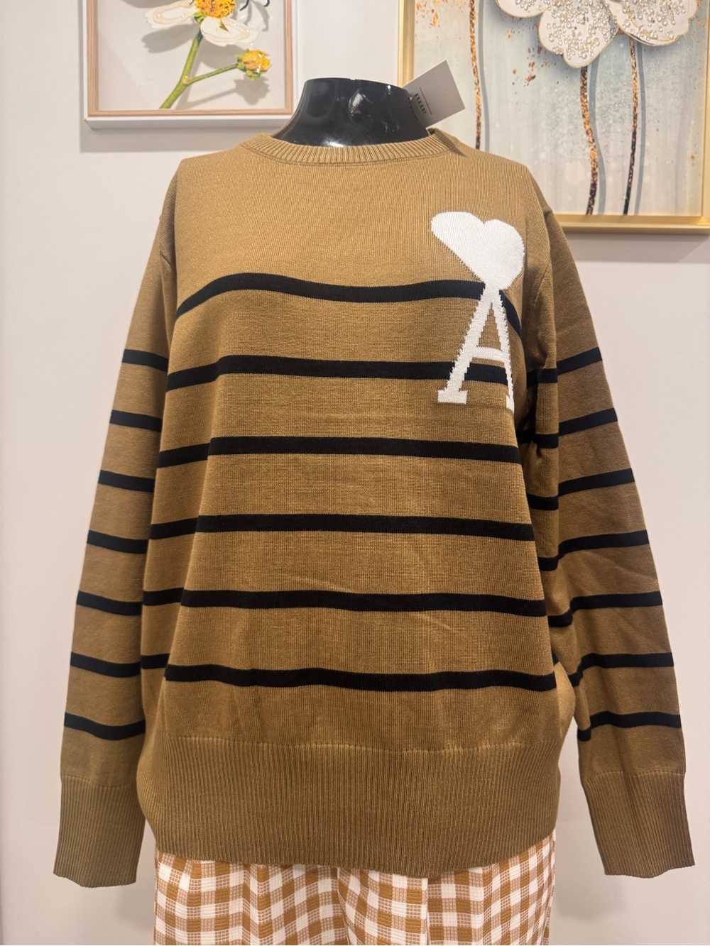 NEW KNITTED Men's Striped Knit Sweater with 'A' Heart Emblem - Tan/Black